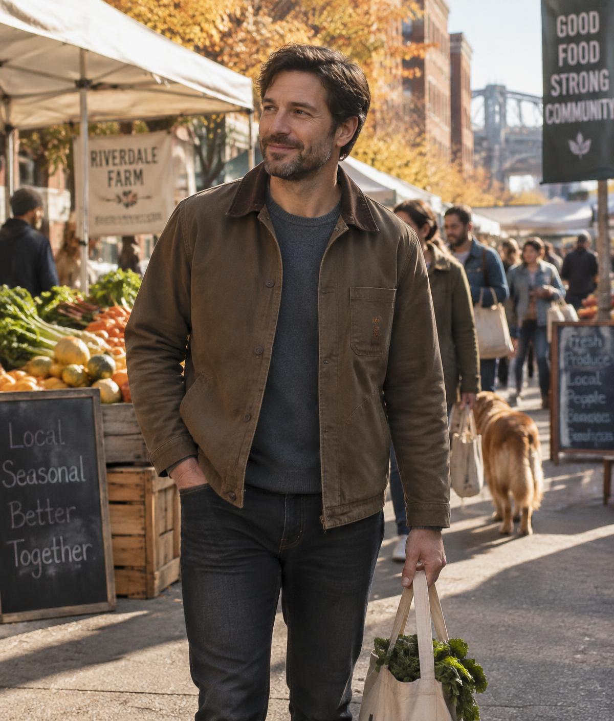 A relaxed man in a canvas jacket walking through a farmers market on an autumn morning